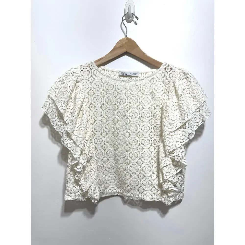 Zara Woman Collection Ivory Lace Blouse Ruffled Sleeves Size S